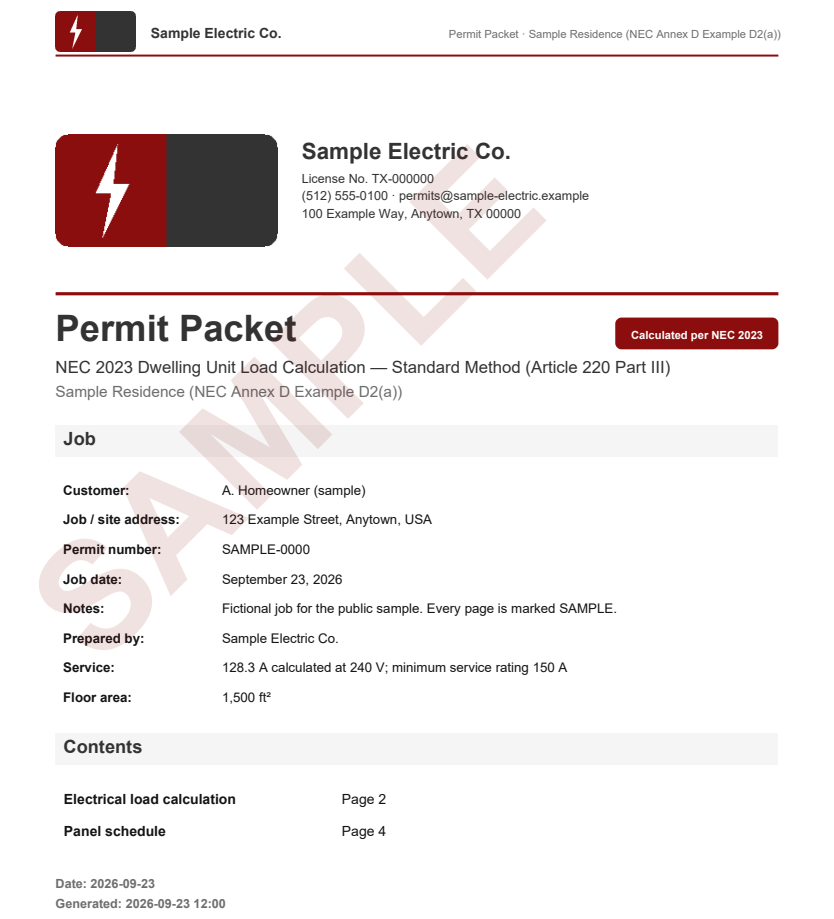 Cover sheet of the sample permit packet: contractor block with logo, license number and contact details, job block, contents list with page numbers